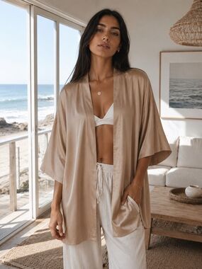 AZOiiA Satin Beige Silk Kimono Cover Up Quiet Luxury Coastal Resort Amalfi Coast